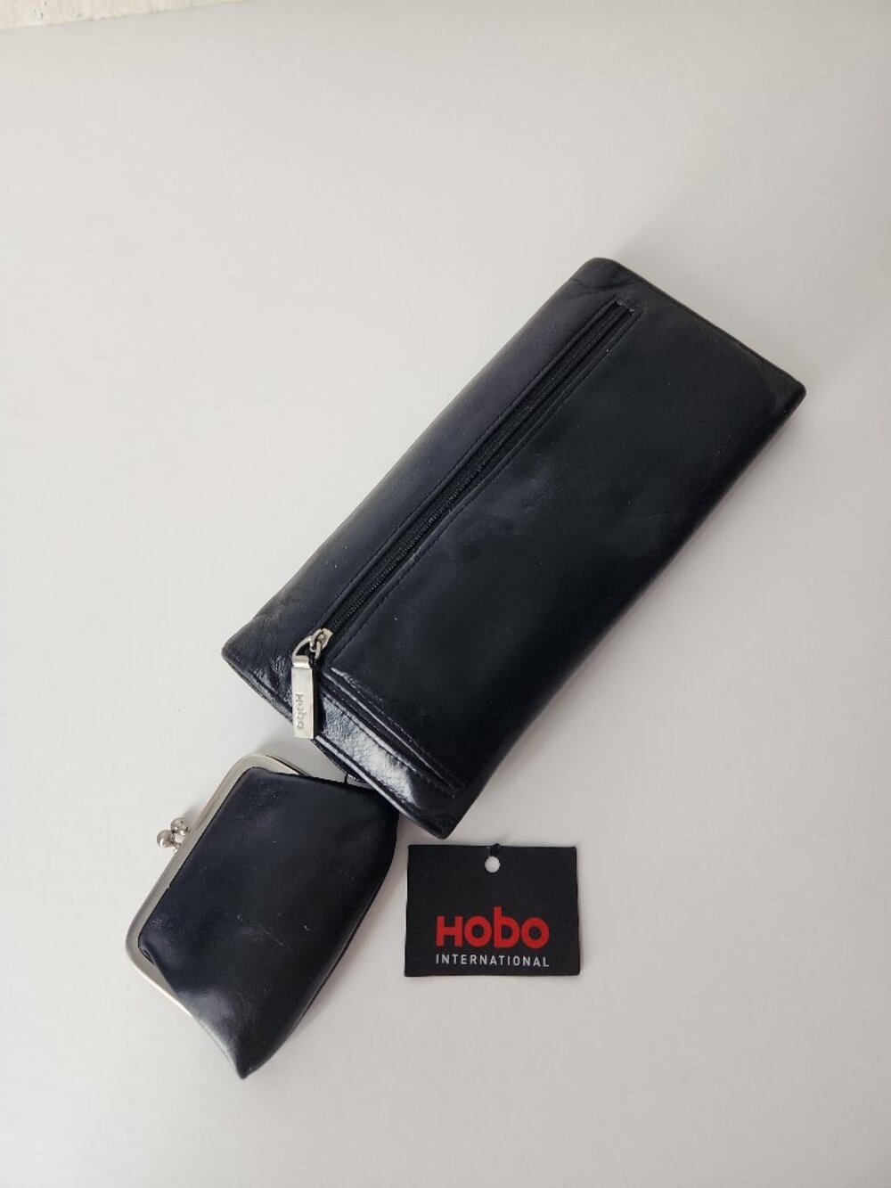 Vintage HOBO Black Trifold Wallet with kiss-lock coin purse polished leather